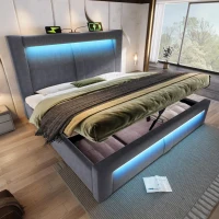 Cama doble 140x200 cm con elevador hidráulico, cabecero tapizado en terciopelo con diseño curvo, sin colchón, 217x143x107 cm, Gris(m-4)
