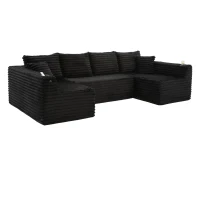 Sofá em U de veludo cotelê, com porta-copos integrado e bolso lateral, estofamento com molas, 320x155x88 cm, Preto(m-6)