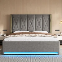 Cama de terciopelo con cabecero acolchado y capitoné, prácticos bolsillos laterales, apta para colchón 180x200 cm, 190x213x141 cm, Gris oscuro(m-6)