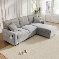 Divano moderno con pouf poggiapiedi, ricarica laterale doppia e 2 cuscini quadrati, 223x146x84 cm, Grigio(m-4)