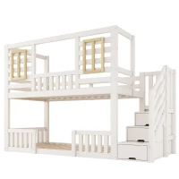 Cama de beliche estilo cabana, escada com armário e arrumação, 2 áreas de dormir de 90X200 cm cada, 254x95x170 cm, Branco(m-6)