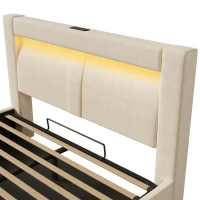 Cama doble 140x200 cm con elevador hidráulico, cabecero tapizado en terciopelo con diseño curvo, sin colchón, 217x143x107 cm, Beige(m-10)