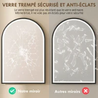 HOMCOM Miroir Salle de Bain avec Éclairage 60 x 90 cm, Miroir LED Arqué, Anti-Buée, 3 Couleurs Lumière, Dimmable, Mémoire, Noir(m-7)