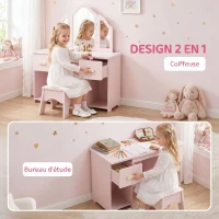 AIYAPLAY Coiffeuse pour Enfants avec Tabouret et Miroir à Trois Volets en Acrylique, 2 Tiroirs et 2 Placards, Rose(m-4)