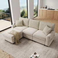 Sofá moderno com pufe, função de carregamento com duas portas, incl. 2 almofadas quadradas, almofadas de assento removíveis, 223x146x84 cm, Bege(m-2)