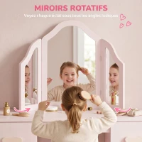 AIYAPLAY Coiffeuse pour Enfants avec Tabouret et Miroir à Trois Volets en Acrylique, 2 Tiroirs et 2 Placards, Rose(m-6)