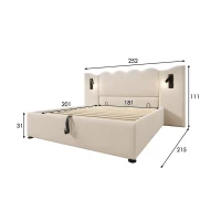 Cama estofada Cama de casal 180x200 cm com candeeiro de leitura giratório, revestida a linho, cabeceira ondulada, sem colchão, 215x252x111 cm, Bege(m-3)