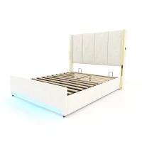 Cama de terciopelo con cabecero acolchado y capitoné, prácticos bolsillos laterales, para colchón 160L x 200AN cm, 170x213x141 cm, Beige(m-1)