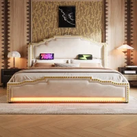 Cama estofada 180×200, cama com 4 gavetas de arrumação, iluminação LED ambiente integrada, 214x189x120 cm, Bege(m-4)