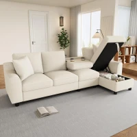 Divano angolare moderno in ciniglia con cuscini, schienale reclinabile e portabicchieri, 280x136x82 cm, Beige(m-5)
