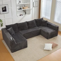 Divano a U in velluto a coste con portabicchieri integrato e tasca laterale, imbottitura a molle, 320x155x88 cm, Grigio scuro(m-5)