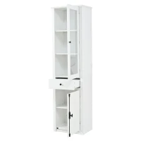 Vitrine alta com iluminação LED, grande espaço de arrumação com 3 prateleiras de vidro, 1 gaveta e 2 portas, 55x40x200 cm, Branco(m-7)