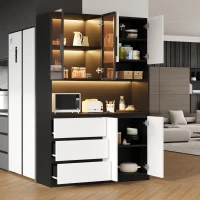 Vitrine de cozinha multifuncional, iluminação LED regulável e compartimento para micro-ondas, 120,5x40x180 cm, Preto(m-4)