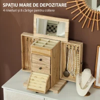 HOMCOM Cutie pentru bijuterii femei pe 4 nivele, cofret pentru bijuterii cu aripi, oglindă și 2 sertare, 26,5 x 16 x 33,5 cm, maro(m-4)