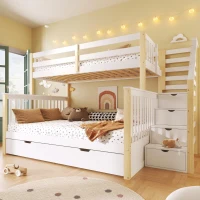Beliche 90x200 sobre 140x200, grade de proteção elevada e escada, sem colchão, 254x145x150 cm, Branco+Cor natural(m-2)