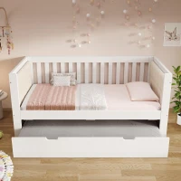 Cama de día con cama nido, diseño que ahorra espacio, madera de pino con somieres de lamas, 208x95x74 cm, Blanco(m-4)