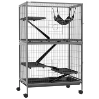 PawHut Kleine huisdierkooi met hangmat, knaagdierkooi met wielen, 4-verdiepingen kooi, Metaal, Kunststof, 80 x 52 x 128 cm, Grijs(m-1)