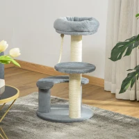 PawHut Árbol Rascador para Gato Ø40x65 cm con 3 niveles y Cuerda Colgante Plataformas y Postes con Cuerda de Sisal Natural Gris(m-10)
