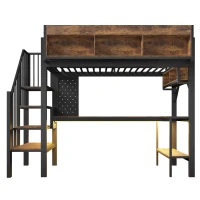 Cama alta 90x200 cm com secretária de canto, muito espaço de arrumação & placa perfurada, régua de tomadas integrada, 255x114x182 cm, Castanho+Preto(m-1)