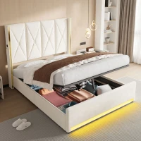 Cama de terciopelo con cabecero acolchado y capitoné, prácticos bolsillos laterales, para colchón 160L x 200AN cm, 170x213x141 cm, Beige(m-5)