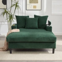 Chaise-longue multifuncional em veludo cotelê, porta-copos em ambos os lados e apoio de braço rebatível, 129x170x70 cm, Verde(m-2)