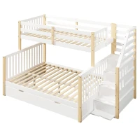 Letto a castello con sponda di protezione rialzata e scala, 254x145x150 cm, Bianco e color legno(m-6)
