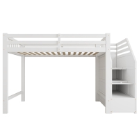 Cama alta 90x200cm con somier de lamas, barandilla de seguridad perimetral con espacio de almacenamiento integrado, sin colchón, 256x98,5x147 cm, Blanco