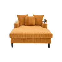 Chaise-longue multifuncional em veludo cotelê, porta-copos em ambos os lados e apoio de braço rebatível, 129x170x70 cm, Amarelo mostarda(m-5)