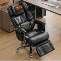 XXL Cadeira de escritório ergonómica, função de massagem e aquecimento, apoio de pés extensível e encosto regulável, 85,5x76,5x121,5 cm, Preto(m-5)