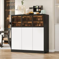 Credenza da cucina con illuminazione LED, 3 ante in vetro, 3 ante bianche e 14 ripiani, 100x40x105 cm, Bianco(m-1)