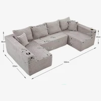 Divano a U in velluto a coste con portabicchieri integrato e tasca laterale, imbottitura a molle, 320x155x88 cm, Grigio chiaro(m-3)