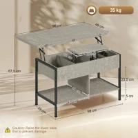 HOMCOM Mesa de centro elevável e extensível, mesa de sala com compartimento escondido prateleiras abertas, 98x49x55cm, cinza(m-3)
