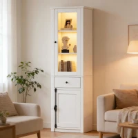 Vitrine alta com iluminação LED, grande espaço de arrumação com 3 prateleiras de vidro, 1 gaveta e 2 portas, 55x40x200 cm, Branco(m-2)