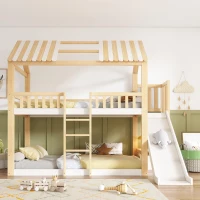 Beliche estilo cabana para crianças com telhado a duas águas, guarda‑corpo no estilo cerca de madeira, para colchões 90x200 cm, sem colchões, 247x171x220 cm, Branco(m-4)