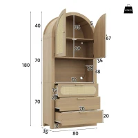 Mobile contenitore ad arco stile scandinavo con ante in rattan e sistema antiribaltamento, 80x35x180 cm, color legno(m-3)