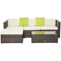 Outsunny 5pcs Rattan L-Shaped Corner Couch Sofas with Coffee Table Adjustable Feet Water-resistant Polyester Cloth Brown(m-1)