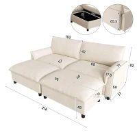 Divano a U con pouf poggiapiedi flessibile e vano portaoggetti nascosto, 216x77x82 cm, Beige(m-3)