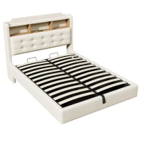 Cama estofada 140 × 200 cm, iluminação LED, design flutuante, sem colchão, 217x141x110 cm, Bege(m-6)