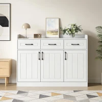 Aparador com muito espaço de arrumação, 3 gavetas e 3 portas com prateleiras ajustáveis, frente das portas com riscas, 120x35x80 cm, Branco(m-4)