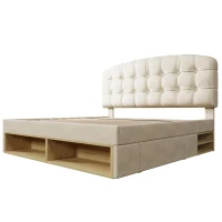 Cama estofada cama de casal 140x190 cm, ajustável em 3 alturas, cabeceira curva, sem colchão, 197x151x120 cm, Bege(m-7)