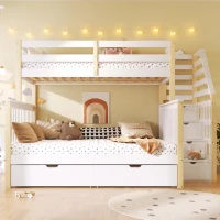Beliche 90x200 sobre 140x200, grade de proteção elevada e escada, sem colchão, 254x145x150 cm, Branco+Cor natural(m-4)