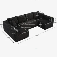 Sofá em U de veludo cotelê, com porta-copos integrado e bolso lateral, estofamento com molas, 320x155x88 cm, Preto(m-3)