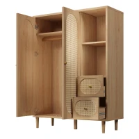 Guarda-roupa estilo rústico, 2 portas, 2 gavetas & prateleiras abertas para muito espaço de arrumação, 120x44x161 cm, Cor natural(m-8)