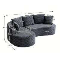 Bogesofa em veludo cotelê, com porta-copos em ambos os lados e bolso lateral, inclui almofadas, 250x152x82 cm, Cinzento escuro(m-3)