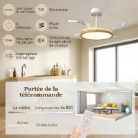 HOMCOM Ventilateur de plafond avec lumière et télécommande, plafonnier ventilateur 95 cm avec pales rétractables, bois naturel(m-8)