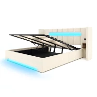 Struttura letto in velluto con striscia LED e comodini integrati, 245x212x103 cm, Beige(m-7)