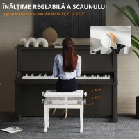 HOMCOM Banchetă de pian, banchetă pentru claviatură cu înălțime reglabilă din lemn masiv, șezut căptușit, 64 x 35 x 45-55 cm, alb(m-4)