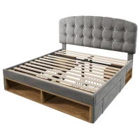 Cama de casal 140x200 estofada com estrado de ripas, cabeceira curva regulável em 3 alturas, sem colchão, 207x151x120 cm, Cinzento(m-9)