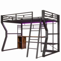 Letto a soppalco per materasso 90x200 cm con scomparti portaoggetti e spazio inferiore LED aperto, 204x181.5x180 cm, Nero(m-7)