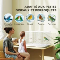 PawHut Cage à Oiseaux Volière Intérieur Acier avec Séparateur, 4 Perchoirs, Plateau Coulissant, 4 Mangeoires, 76x46x46cm, Blanc(m-8)